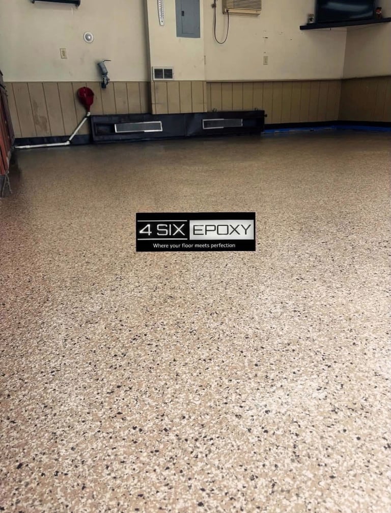 Interior space with polished speckled epoxy floor